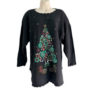 Vintage JK Christmas Womens Size 14/16 Christmas Sweater Black Green Red Tree